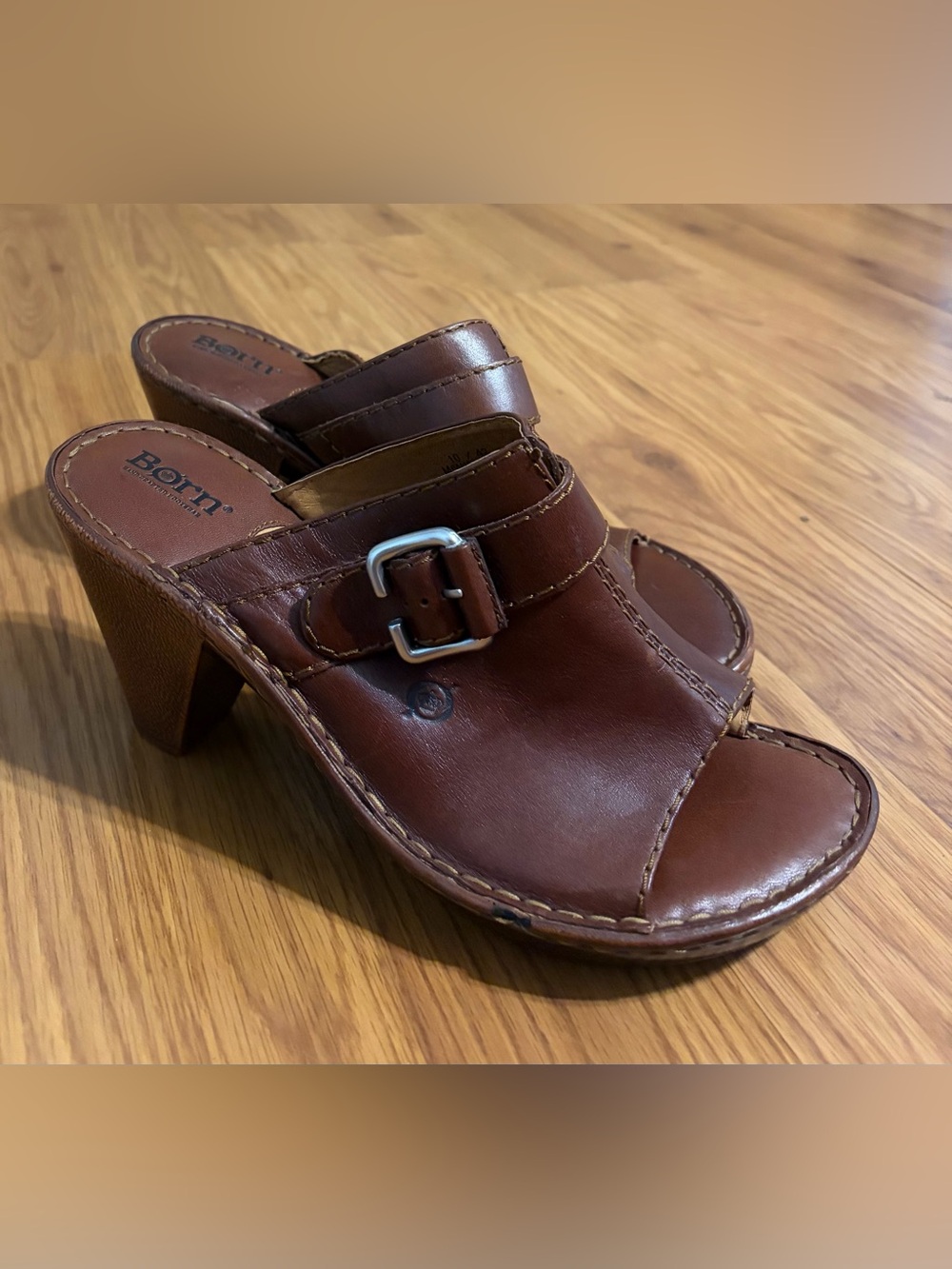 Born Brown Leather Buckle Mule Heels
